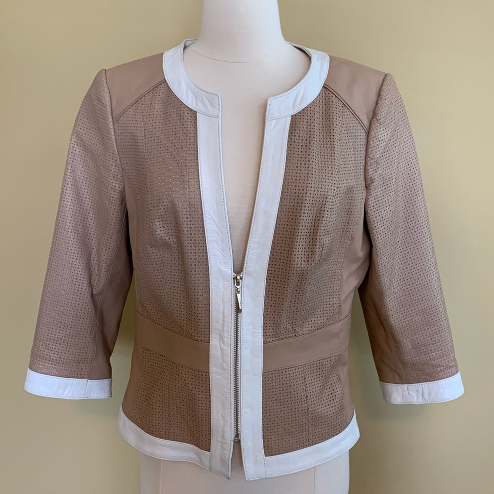 WHBM Tan/Cream 3/4 Sleeve Leather Zipper Jacket